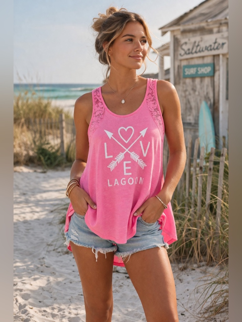 Coconut Creek Pink Lace Tank Top Love Lagoon Graphic Flowy Hem Size Small Boho